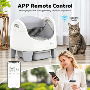 A smart litter box shown in a home setting with a cat sitting nearby, plus a woman holding a phone and a phone app control graphic. Text reads 'APP Remote Control' and 'Supports 2 at Pet Servo