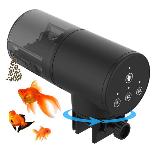 Black automatic fish feeder with goldfish and fish food on a white background at Pet Servo