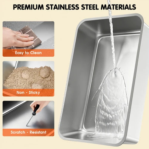 Stainless steel rectangular sink tray shown on a beige background with text reading 'PREMIUM STAINLESS STEEL MATERIALS' and three feature inset images demonstrating easy cleaning, non-sticky surface, and scratch resistance at Pet Servo