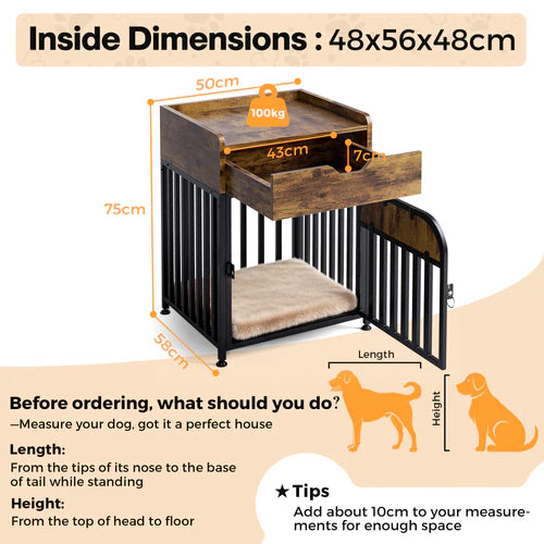 Dimensions of a pet crate with measurements and tips for ordering at Pet Servo