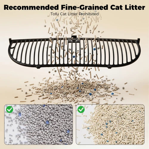 Cat litter with a black scoop and close-up images of different types of cat litter at Pet Servo