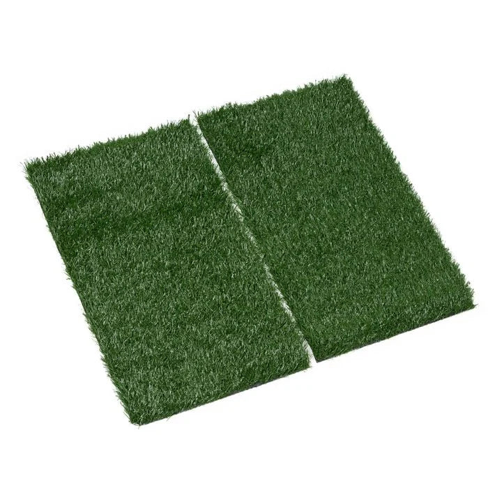 Two rectangular green turf or grass mat pieces with a white painted center line, shown on a plain white background.