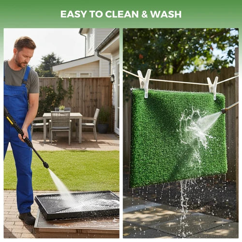 A split-panel lifestyle image demonstrating a green artificial turf or grass mat being washed outdoors. The left panel shows a man in blue overalls using a pressure washer to clean a black tray, while the right panel shows the green mat hanging on a clothesline with water spraying across it at Pet Servo
