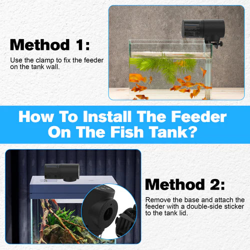 Instructions on how to install a fish tank feeder with two methods shown at Pet Servo