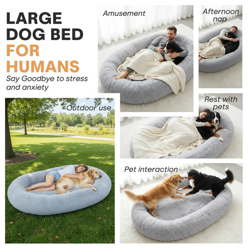 Collage of a large dog bed used by humans and dogs in various settings at Pet Servo
