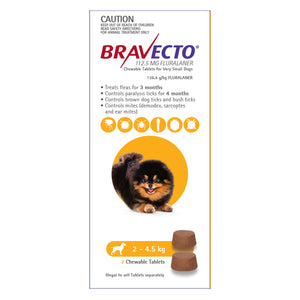 Bravecto 2 chew packaging for small dogs with a dog illustration and product details at Pet Servo