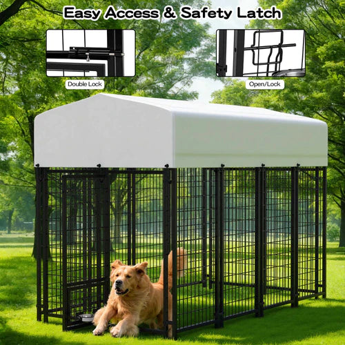 Large black dog crate with a white cover in an outdoor setting, featuring an easy access and safety latch at Pet Servo