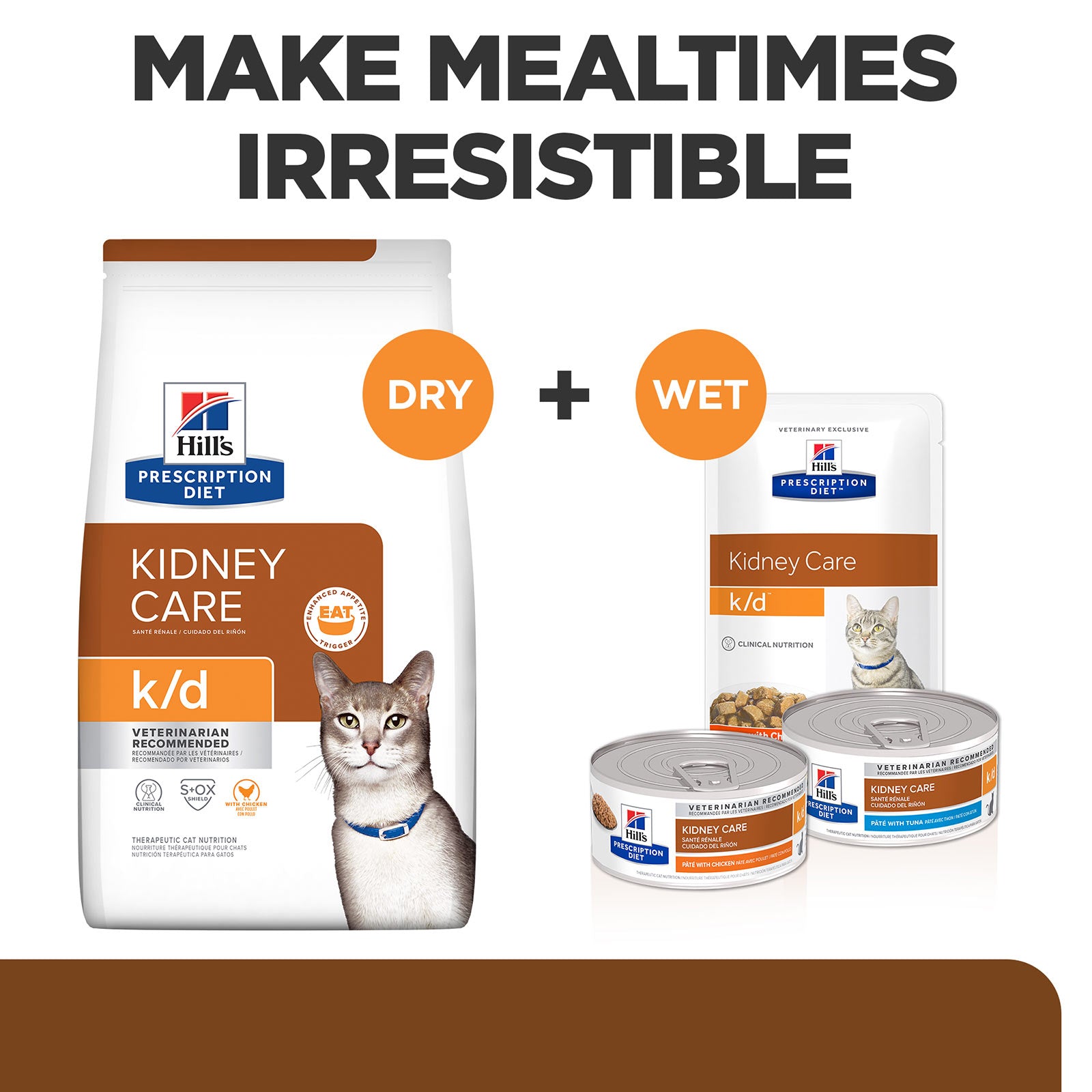 Hills Prescription Diet k/d Kidney Care dry and wet cat food packaging on a white background with text 'Make Mealtimes Irresistible'.