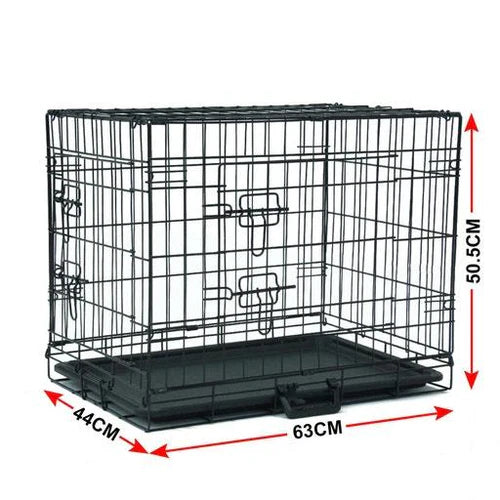 Black wire pet crate with dimensions indicated on a white background