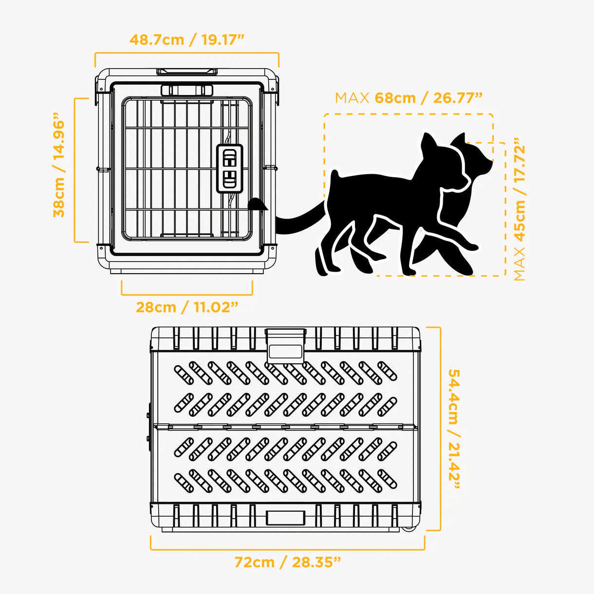 Pet carrier dimensions with a silhouette of a cat and text labels.