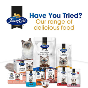 Fussy Cat pet food products with a cat on a white background