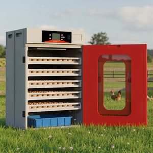 Chicken incubator with a red door in an outdoor setting at Pet Servo