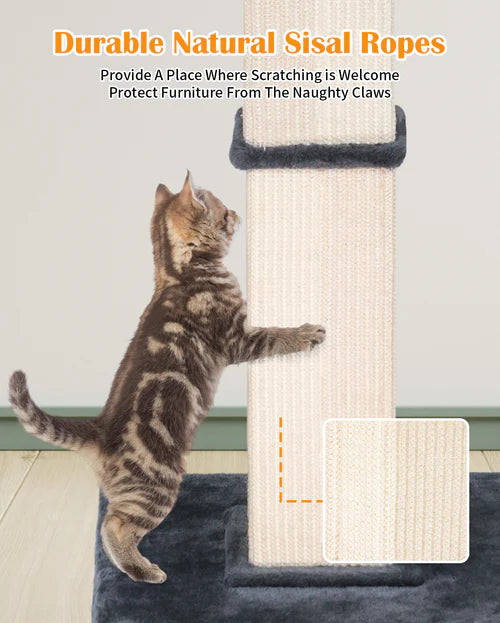 Cat using a scratching post with text about durable natural sisal ropes at Pet Servo