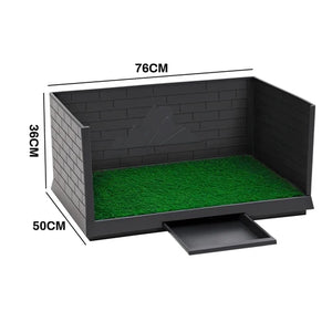 A miniature terrain piece depicting a brick wall enclosure with green artificial grass flooring and a small front door or ramp, shown with dimension labels of 76CM, 36CM, and 50CM on a white background at Pet Servo