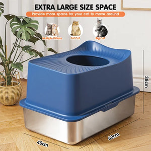 A blue and stainless-steel cat litter box shown on a wooden floor with dimension labels (40cm, 60cm, 38cm) and text highlighting extra-large size space. Small cat photos appear above the product at Pet Servo