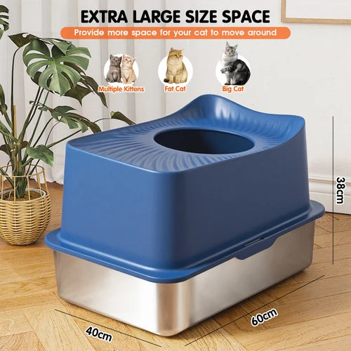 A blue and stainless-steel cat litter box shown on a wooden floor with dimension labels (40cm, 60cm, 38cm) and text highlighting extra-large size space. Small cat photos appear above the product at Pet Servo