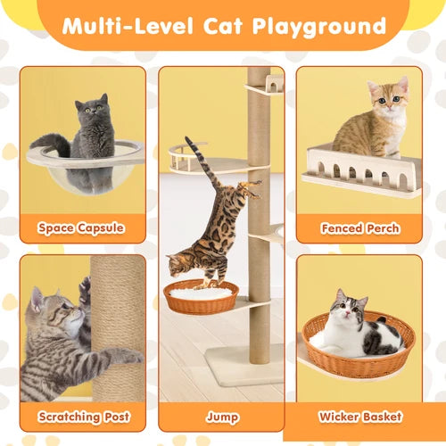 A multi-level cat playground set shown in a collage with five labeled panels: Space Capsule, Fenced Perch, Scratching Post, Jump, and Wicker Basket. Cats are pictured using the features, and the layout includes a title banner reading 'Multi-Level Cat Playground' on a light patterned background at Pet Servo