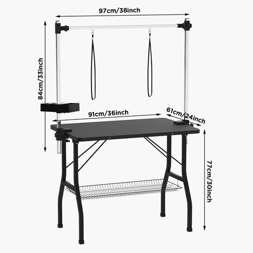 Black folding table with dimensions labeled on a white background at Pet Servo