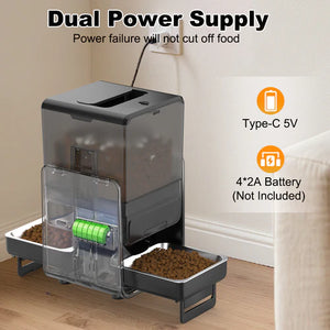 Pet food dispenser with dual power supply feature on a wooden floor at Pet Servo
