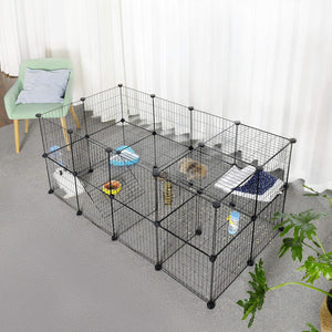 Pet playpen with various toys and items inside on a gray floor at Pet Servo