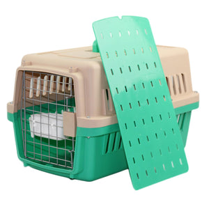 Pet carrier with a green door on a white background at Pet Servo