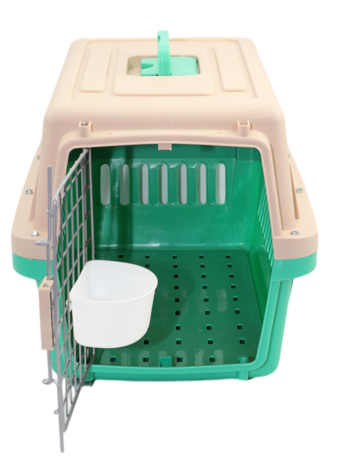Pet carrier with green interior and beige exterior on a white background at Pet Servo