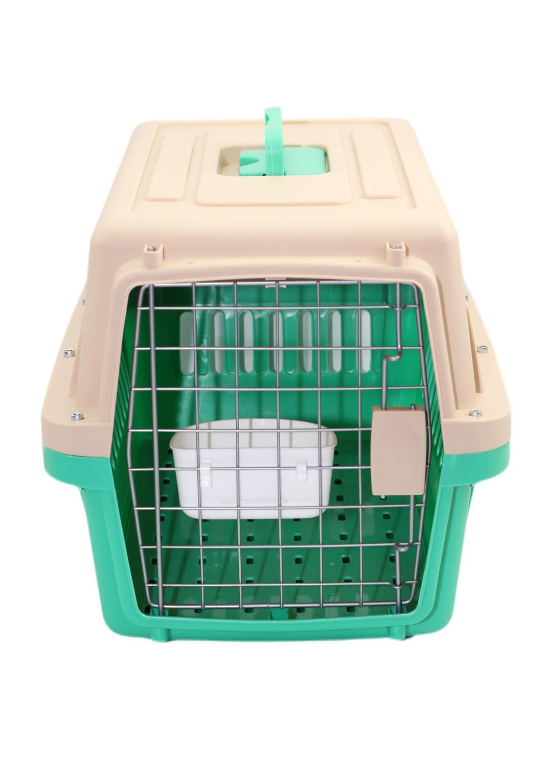 Pet carrier with green interior and beige exterior on a white background at Pet Servo
