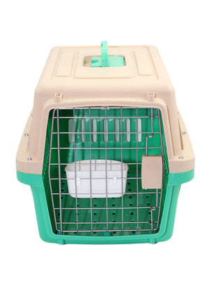 Pet carrier with green interior and beige exterior on a white background at Pet Servo