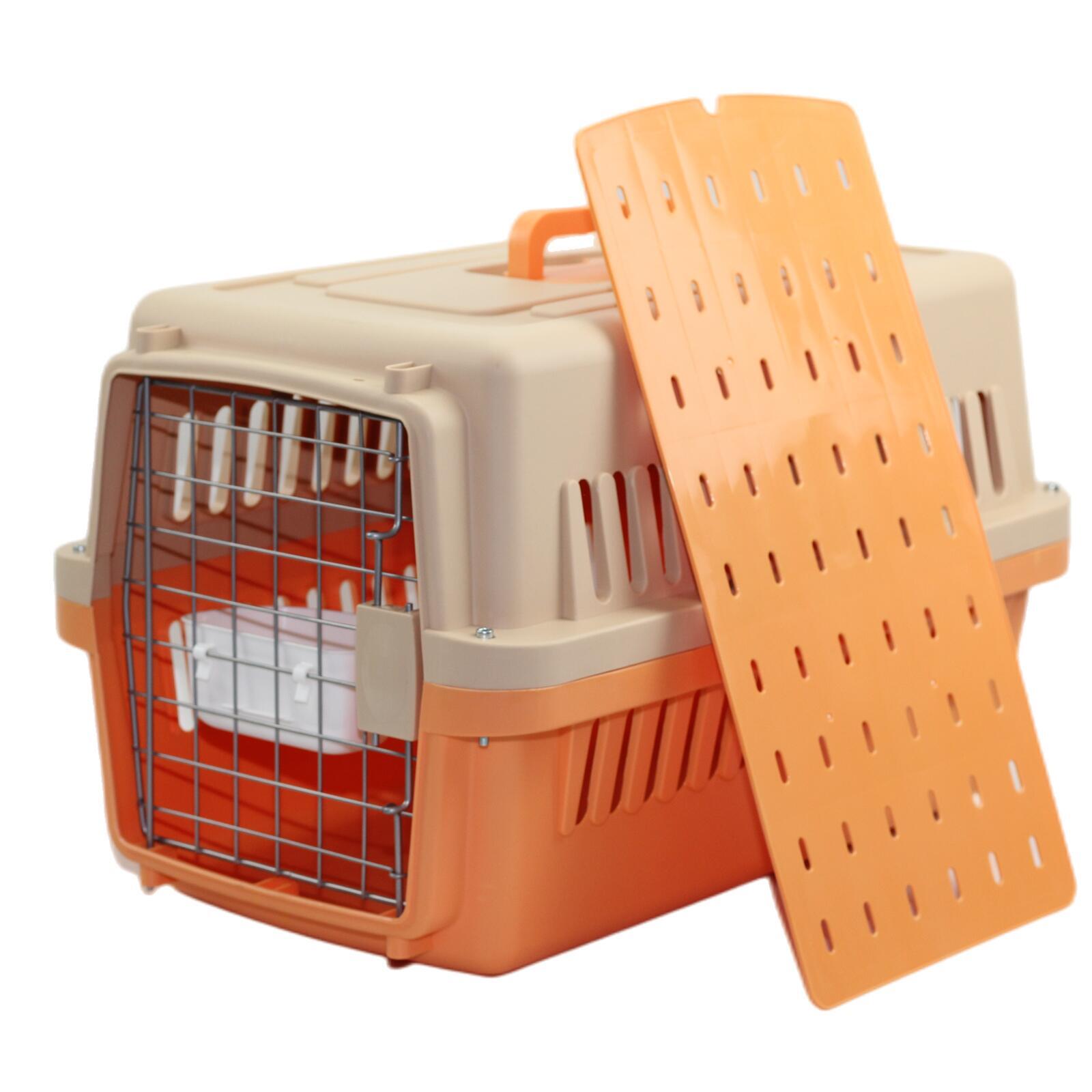 Pet carrier with an orange door on a white background at Pet Servo