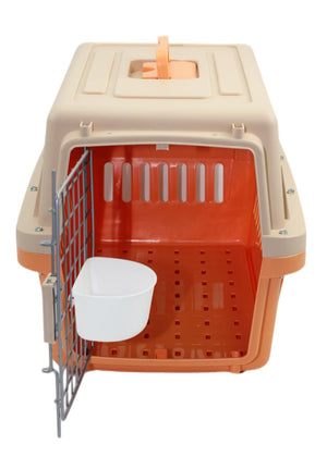Pet carrier with orange interior and beige exterior on a white background at Pet Servo
