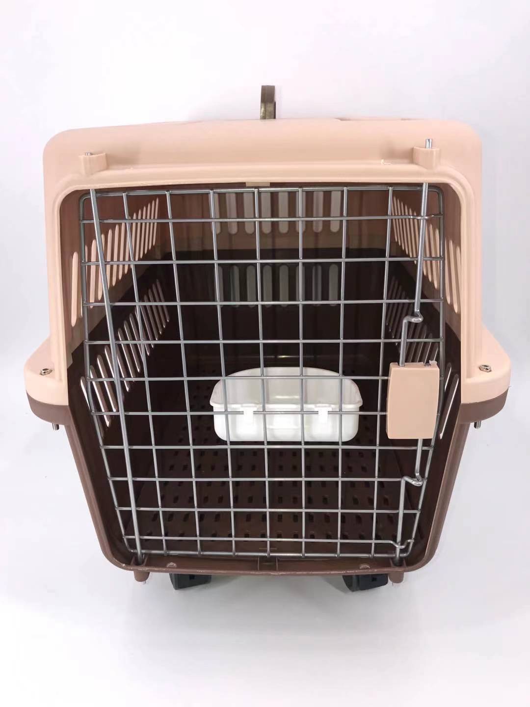 Pet carrier with a beige exterior and metal grid interior on a white background at Pet Servo