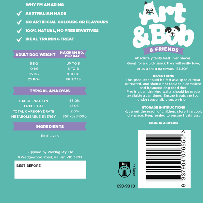 Dog food packaging with 'Art & Bob & Friends' branding on a teal background