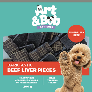 Dog treat package with 'Art & Bob & Friends' branding, featuring beef liver pieces and a dog on a teal background.