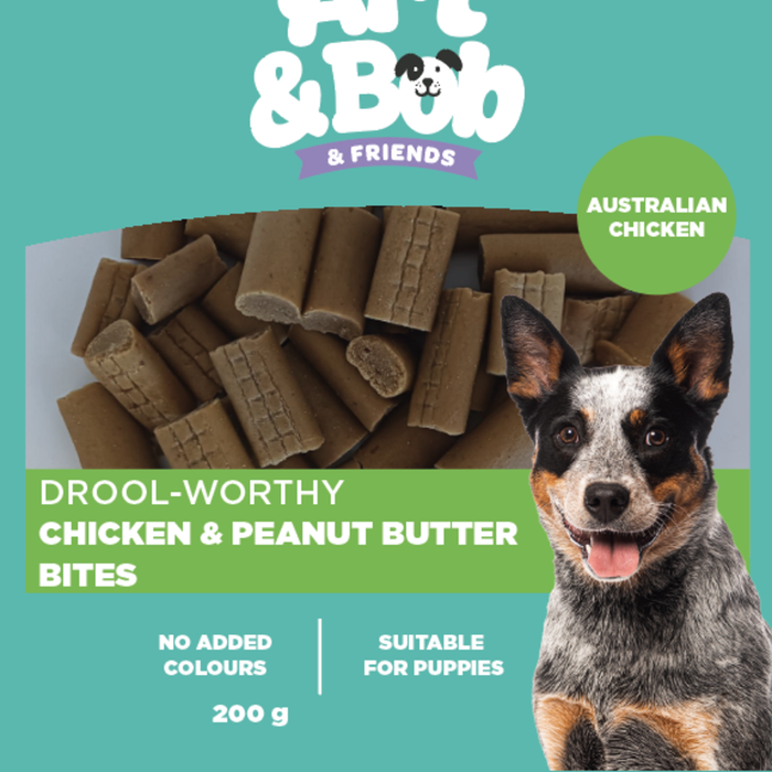 Dog treat package with a dog on the label, featuring 'Art & Bob & Friends' brand.