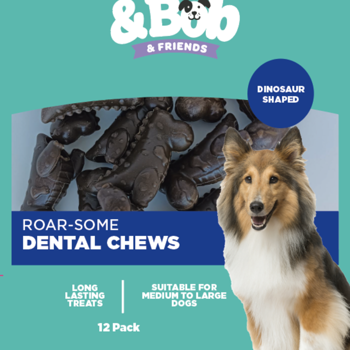 Dog dental chews packaging with a dog on a teal background, featuring the brand 'Bob & Friends'.
