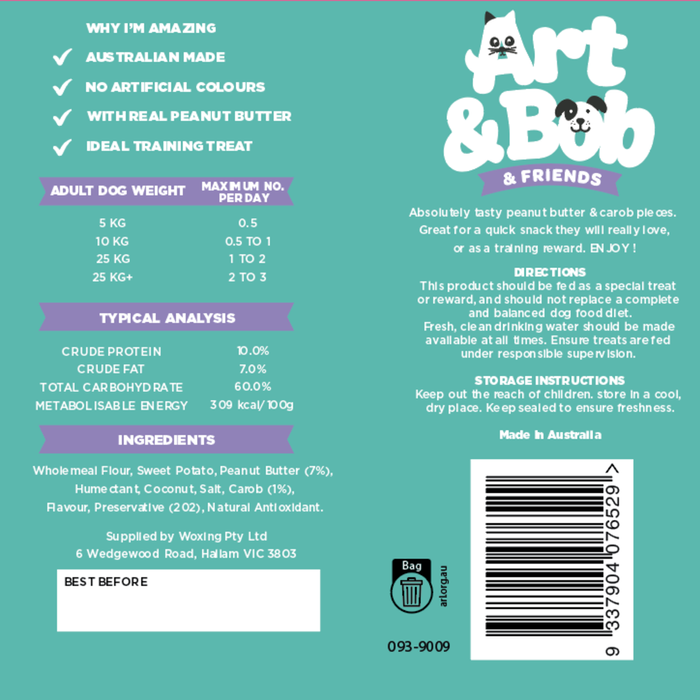 Back of a product packaging with text and branding for 'Art & Bob & Friends' on a teal background.