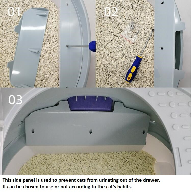 Cat litter box with side panel and screwdriver on carpet at Pet Servo