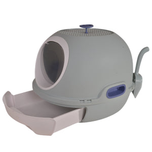 Gray pet litter box with a blue top on a white background at Pet Servo
