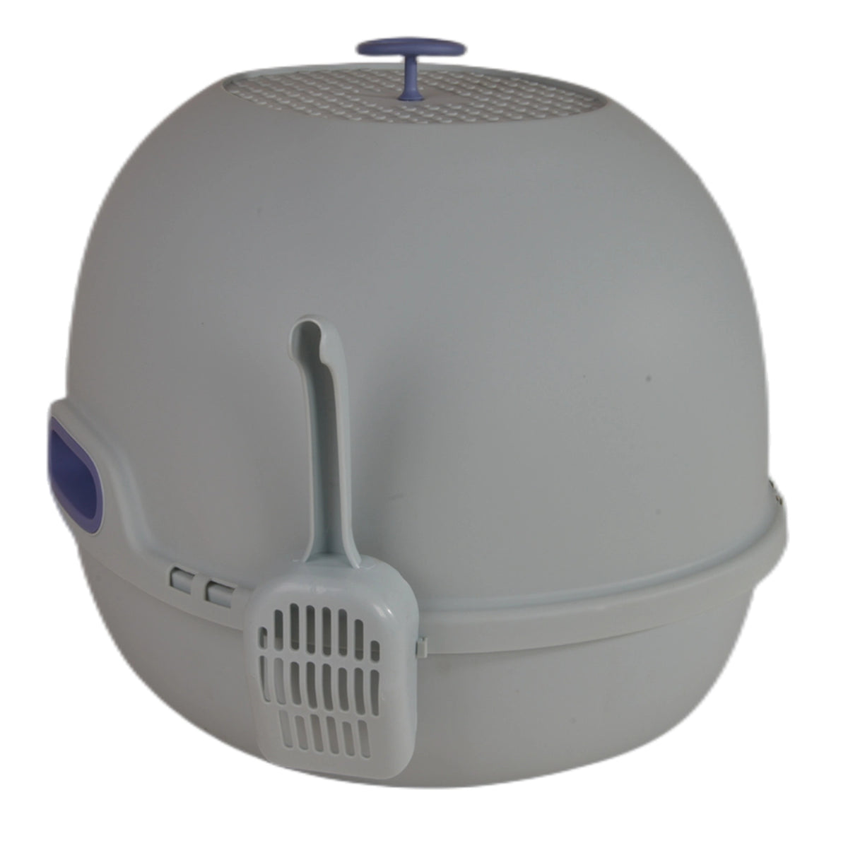 Gray pet litter box with a scoop on a white background at Pet Servo