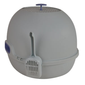 Gray pet litter box with a scoop on a white background at Pet Servo