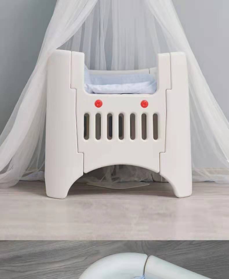 White pet bed with red buttons on a gray surface with a white curtain in the background at Pet Servo