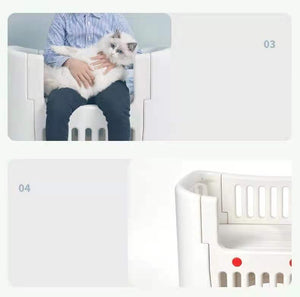 Person holding a cat next to a white pet gate with a red button at Pet Servo