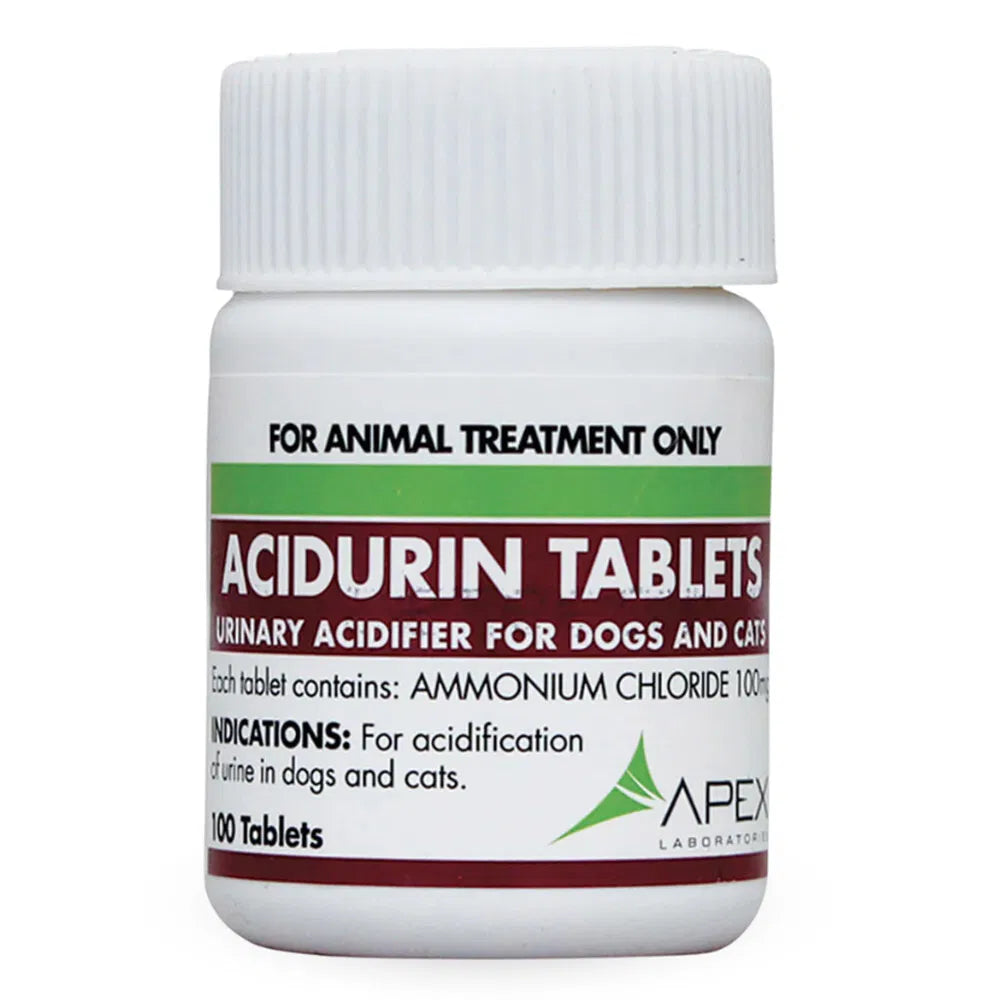 Bottle of Acidurin Tablets for animal treatment on a white background