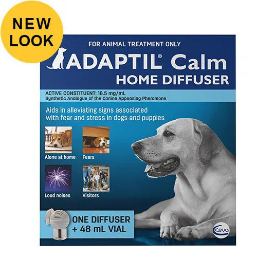 Adaptil Calm Home Diffuser packaging for dogs with a blue background and images of a dog at Pet Servo