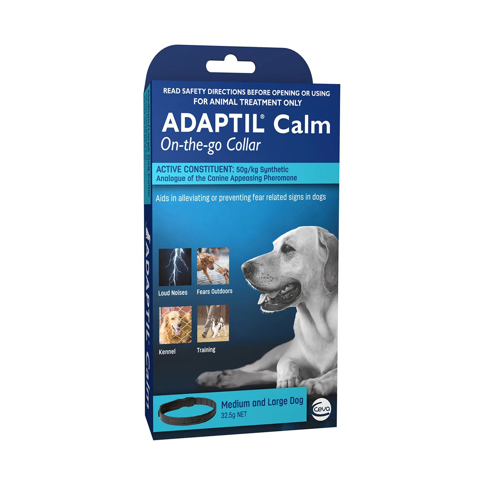 Adaptil Calm On-the-go Collar packaging with a dog on a white background at Pet Servo