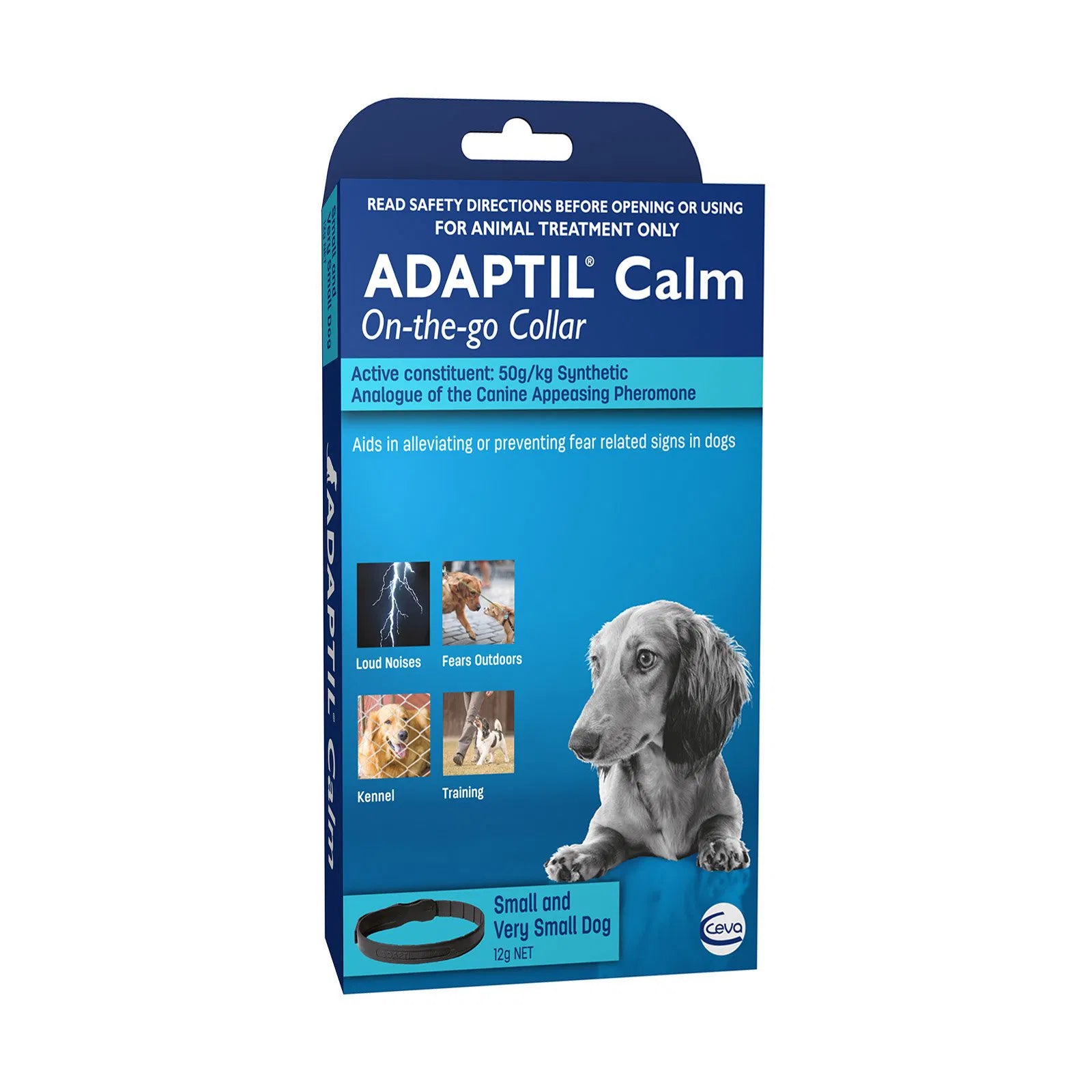 Adaptil Calm On-the-go Collar packaging with a dog on a blue background at Pet Servo
