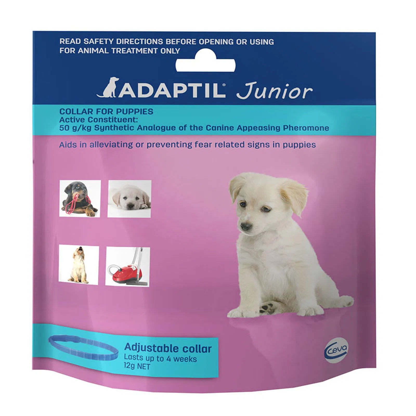 Adaptil Junior collar packaging for puppies with a pink background and puppy illustration at Pet Servo