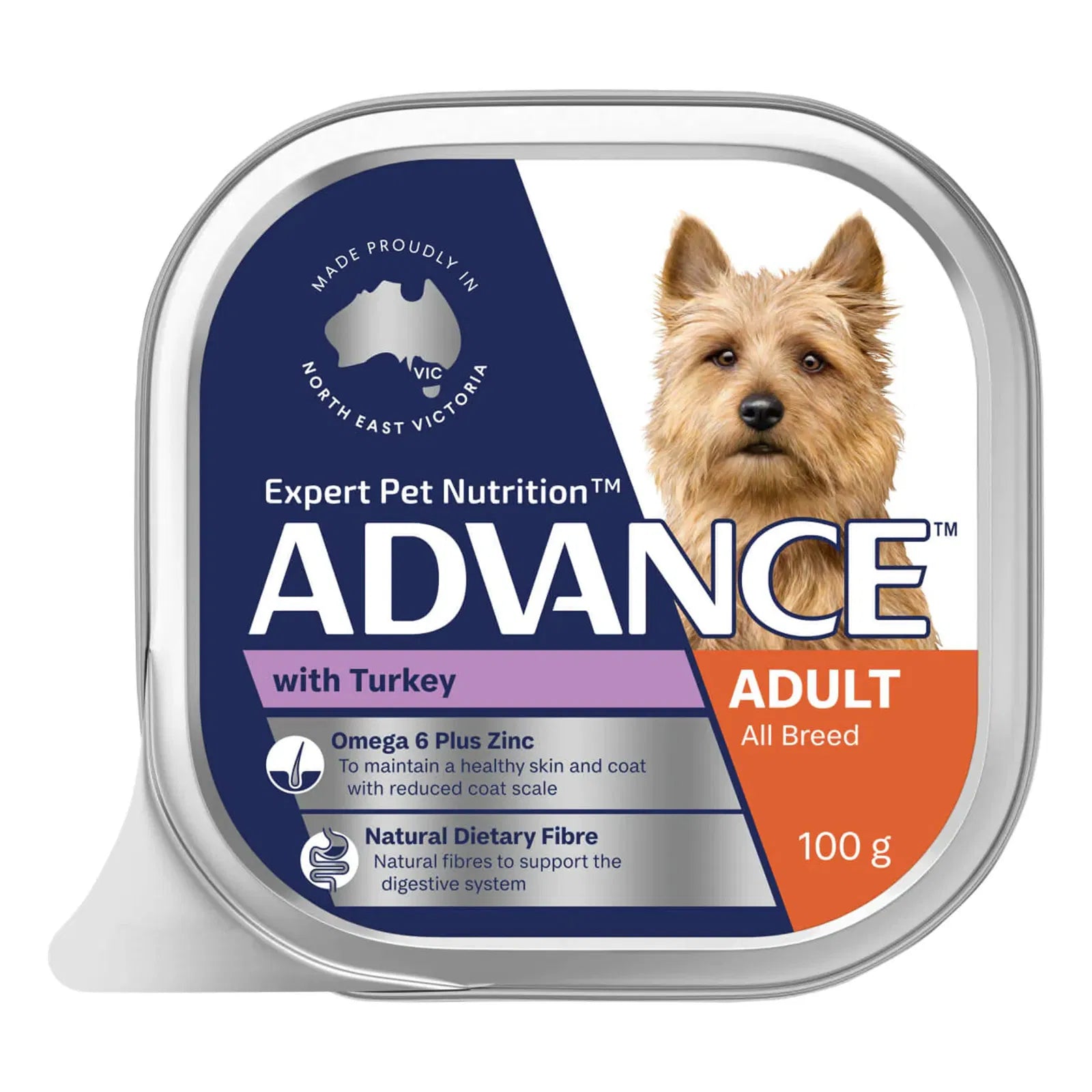 Advance dog food pouch with a dog's face on a white background at Pet Servo