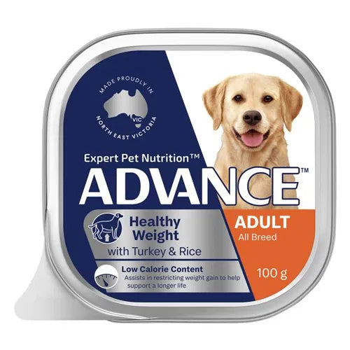 Advance dog food packaging for healthy weight with turkey and rice on a white background at Pet Servo