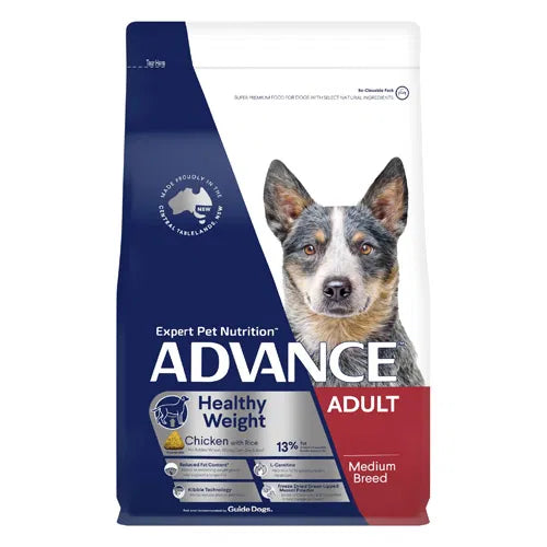 Advance dog food package for healthy weight adult medium breed dogs on a white background at Pet Servo